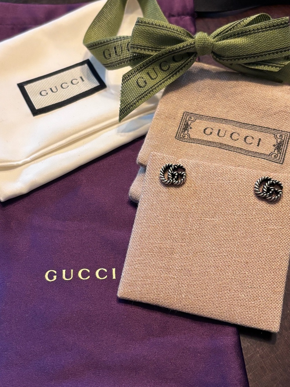 Gucci Silve Marmont Twisted Logo Stud Earrings with Black Accents